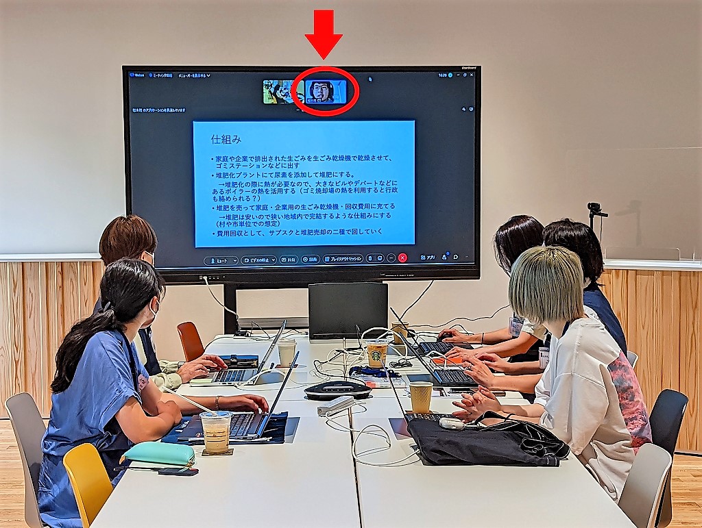 課題の検討結果を説明する学生1<br>（モニタ上部：リモート）